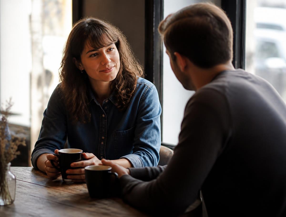 Two people in conversation across a cafe table
