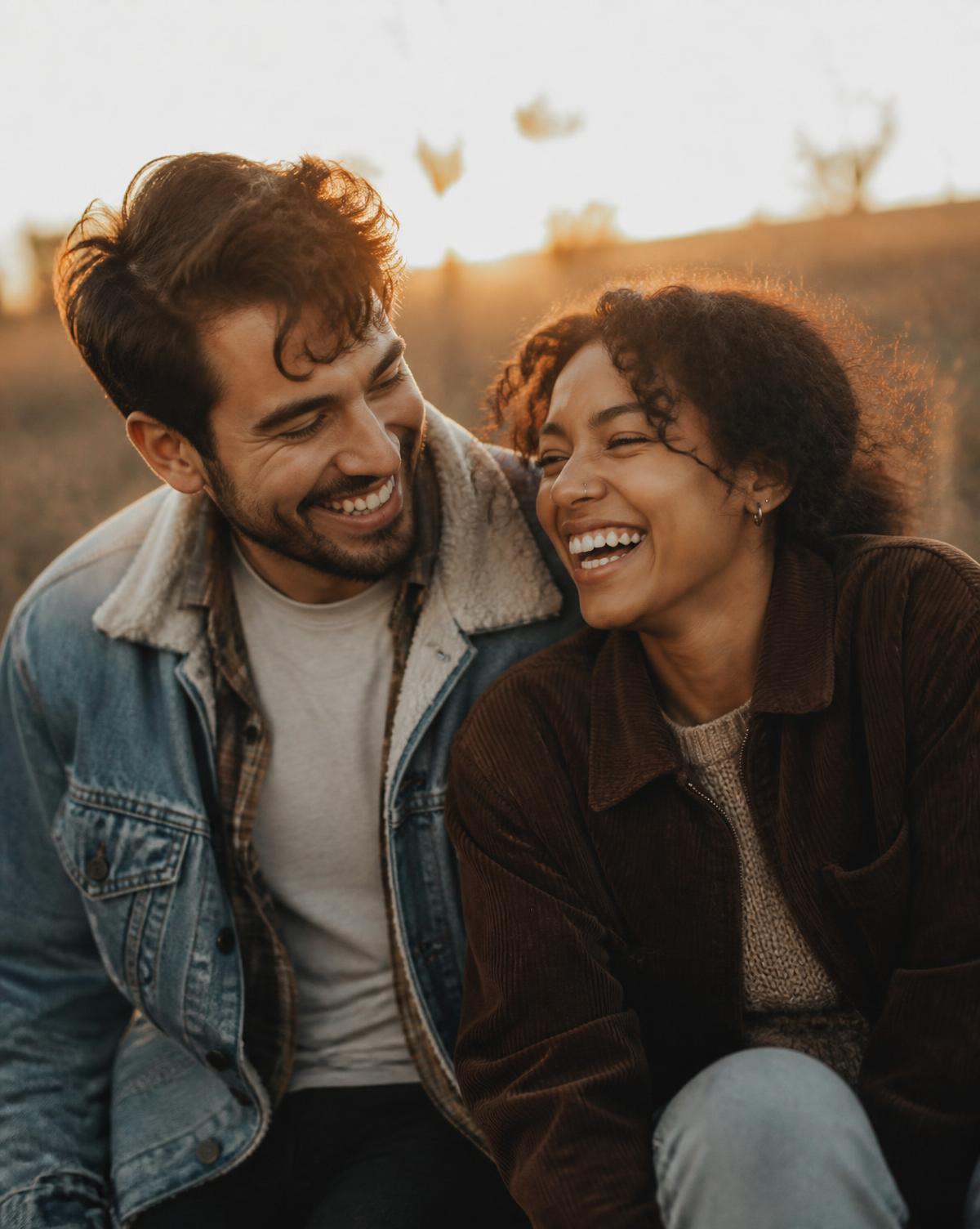 A couple laughing together outdoors at golden hour