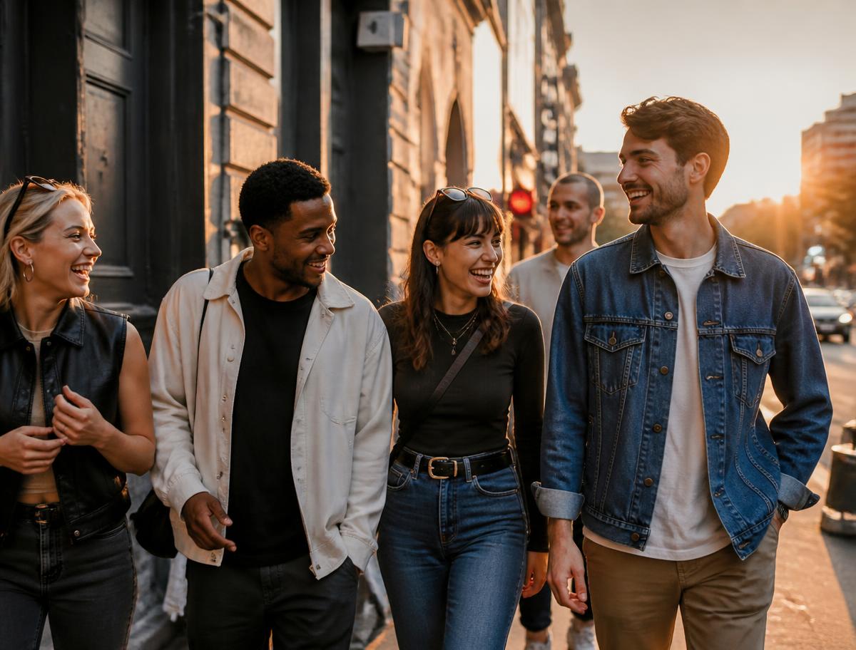 Friends walking and talking together on a city street at sunset